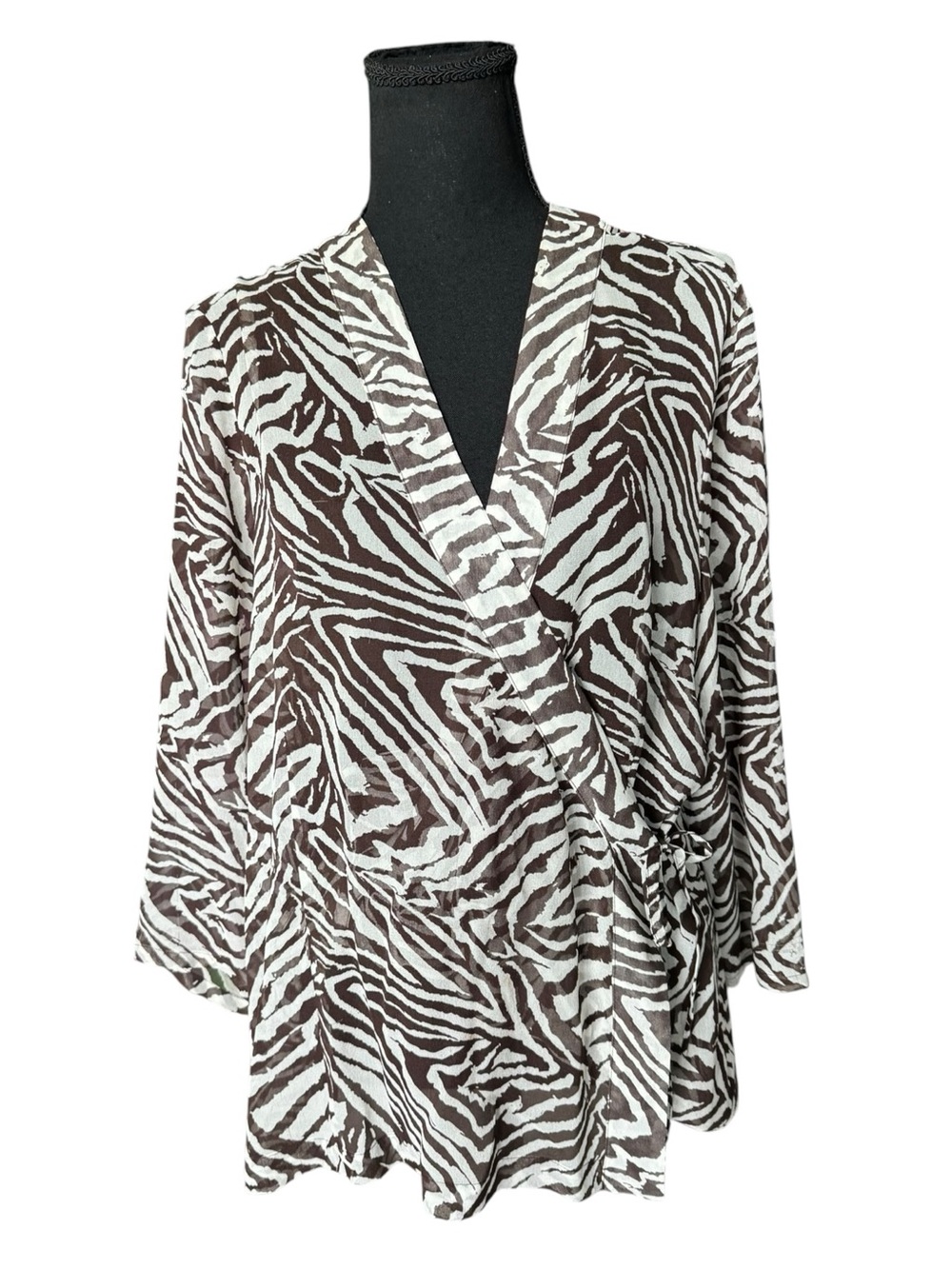 Chico’s Size 2 (XL) Zebra Animal Print Silk Wrap Blouse Brown Ivory Y2K